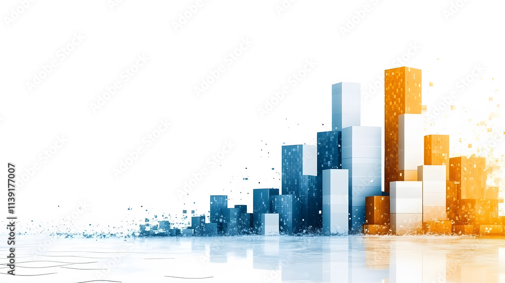 Poster a modern abstract graphic depicting rising bars in blue and orange, symbolizing growth and data visu