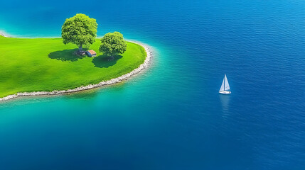 A serene landscape featuring a lush green island with two trees, surrounded by vibrant blue waters and a small sailboat gliding peacefully