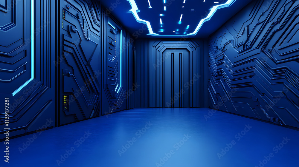 Poster A futuristic blue corridor with circuit-like walls and glowing lights, creating a sleek and high-tech atmosphere