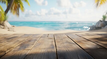 Fototapeta premium Tranquil Beach Scene with Wooden Deck and Smooth Ocean Waves