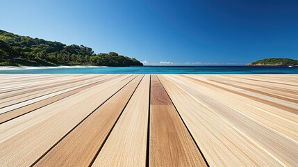 Fototapeta premium Tranquil Beachfront Scene with Wooden Deck and Clear Blue Water