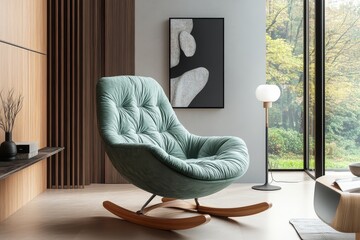 Modern rocking chair with soft fabric and wooden frame in blue-green color, low backrest for comfort, perfect armchair for living room or bedroom relaxation.