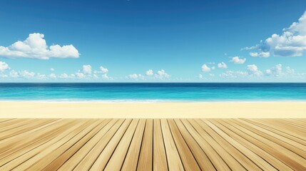 Fototapeta premium Serene Beachfront View with Wooden Deck and Clear Blue Sky