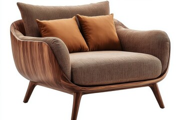 Modern solid wood fabric single-person sofa chair and two-seater armchair with coffee table set, brown home furniture with wooden legs on a white background.