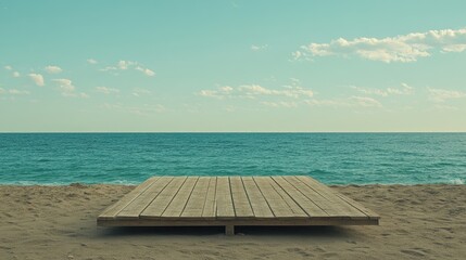 Fototapeta premium Wooden Platform on Sandy Beach with Calm Ocean in Background