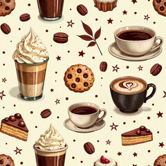 coffee seamless pattern, coffee and sweets digital paper