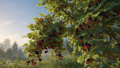 Fototapeta premium Blackberry bush with ripe berries hanging from branches, dense growth, berries, fruit