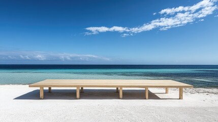 Fototapeta premium Tranquil Beach Scene with Wooden Platform Under Bright Blue Sky