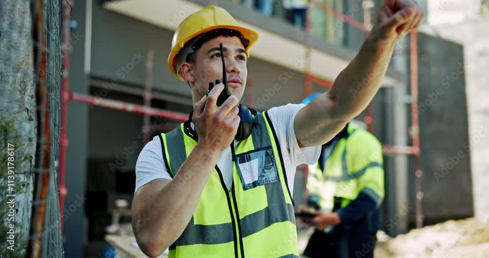 Aufkleber engineering, construction site and man with radio, pointing and project manager with safety. people,