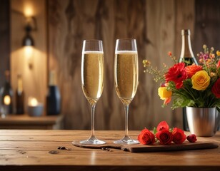 Champagne toast on wooden table with decorative centerpiece and back light, decoration, sophistication, wood