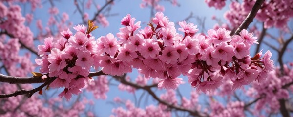 Obraz premium Cherry branch covered in vibrant pink blossoms, bright, branches