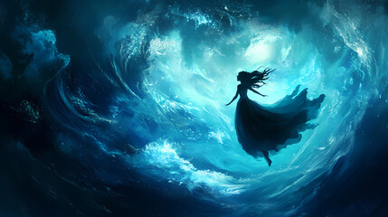Mystical azure depths: ethereal blue hues, swirling darkness, ethereal vibes, deep and immersive. Fathomless. Illustration