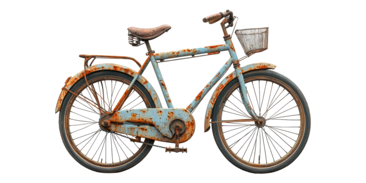 Vintage rusty bicycle with basket isolated on transparent background