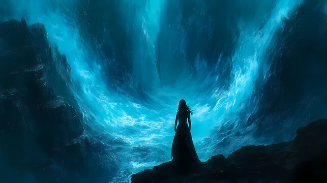 Mystical azure depths: ethereal blue hues, swirling darkness, ethereal vibes, deep and immersive. Fathomless. Illustration