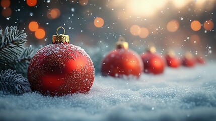 Red Christmas Ornaments Resting In Winter Snow