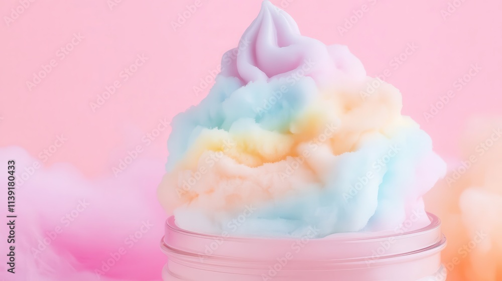 Poster admire the ethereal light background of a charming pastel rainbow candy floss cloud in a jar, creati