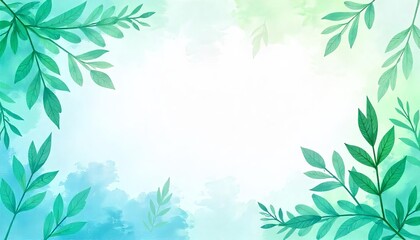 Delicate Teal Leaves Frame a Watercolor Background