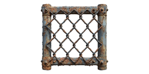 Rusty metal chainlink fence section isolated on transparent background
