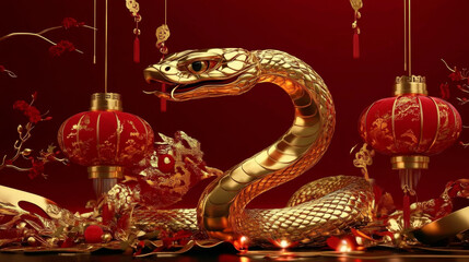 Fototapeta premium Golden snake decoration for Chinese New Year, featuring red lanterns and floral elements, symbolizing prosperity and good fortune