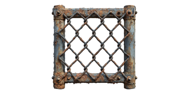 Rusty metal chainlink fence section isolated on transparent background