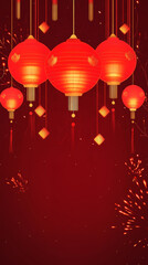 Obraz premium Red lanterns hang against pure red background, adorned with fireworks and decorative elements. This minimalist design captures festive spirit beautifully