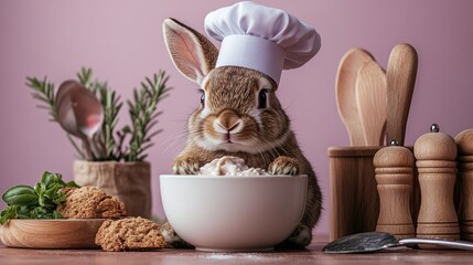 A cute rabbit in a chef's hat prepares food in a cozy kitchen setting.