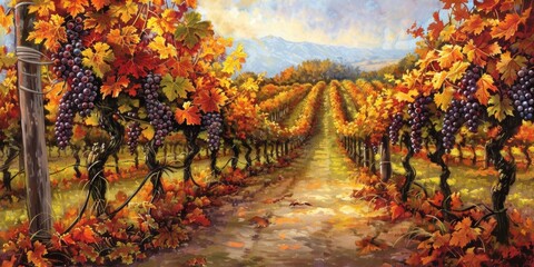 Naklejka premium A captivating scene of an autumnal grapevine showcasing vibrant red and gold leaves flourishing in vineyard rows