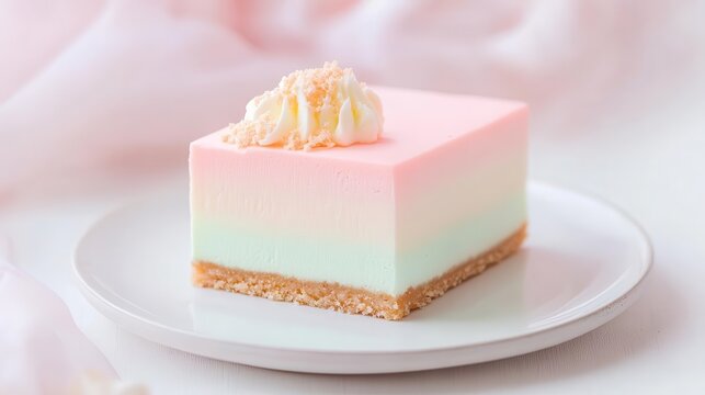 A charming pastel rainbow cheesecake with ombre layers, soft and bright light background.