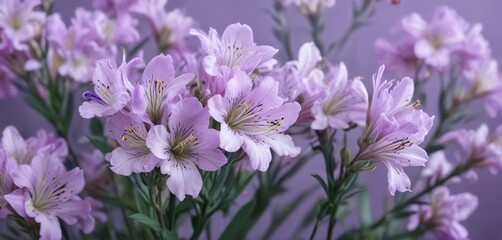 Delicate alstroemeria flowers in soft violet lavender hue against a floral background, summer flowers, whimsical garden, violet lavender