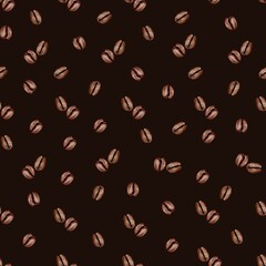 coffee beans on dark background. Watercolor Seamless pattern for cafe, coffee shop, menu, logo, coffee machines. For printing on textiles, tableware. Fragrance, Ingredient. Packaging and wallpaper