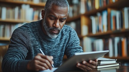 Professor researching and taking notes from his tablet in a university library, surrounded by books