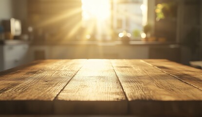 Sunlit wooden table in blurred kitchen.