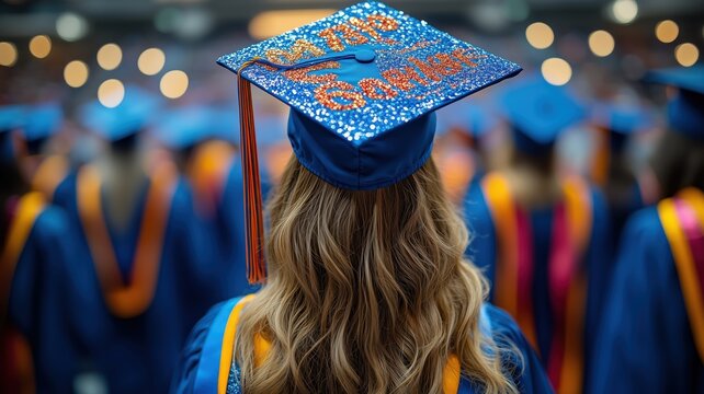 Graduate student wearing a decorated mortarboard with the words mama i made it at her graduation ceremony