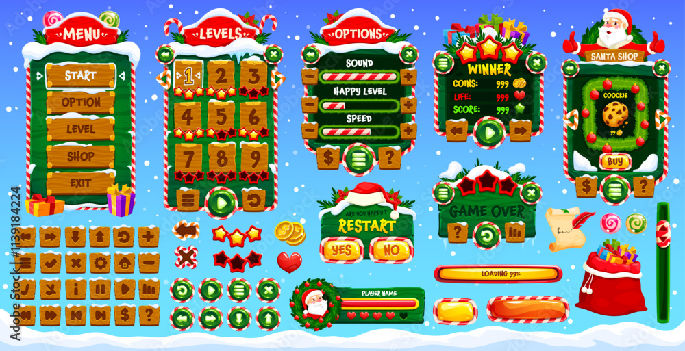 Poster christmas and new year game interface of ui game buttons and assets, vector gui elements. christmas 