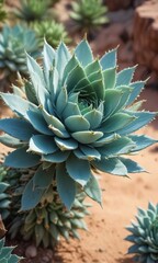 Fototapeta premium Desert succulent with thorny stems and powdery blue-green leaves, Blue Green Leaves, Prickly Plants