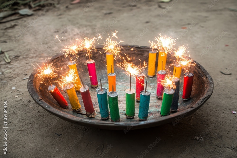 Poster festive display of colorful firecrackers with sparkles on a rustic plate, celebrating with joyous en