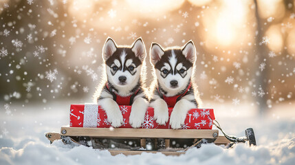 Two husky puppies on a sled with a gift in snowy setting.