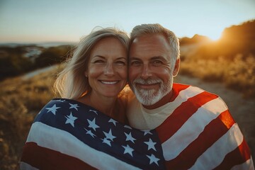Happy mature couple smiles, wrapped in an American flag at sunset.