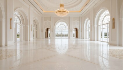 Obraz premium Elegant interior with arches and chandelier in bright space.