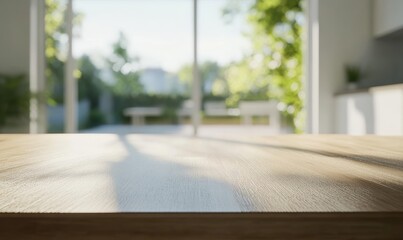 Sunlit wooden table top with blurred garden background.