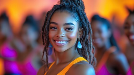 Portrait of a happy young black woman with dreadlocks smiling in a vibrant, colorful setting, possibly at a party or celebration