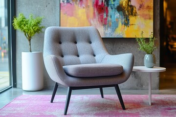 Gray armchair with black legs and wooden frame on a pink rug, in front of an abstract painting. Features include buttons on the chair, white table, and a green plant in a round vase. Mid-century moder
