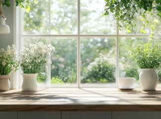 Fototapeta premium Sunny window sill with flowers, plants, and coffee cup.