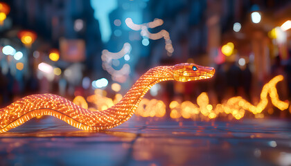 Obraz premium Illuminated snake sculpture slithering through city street urban nightscape photography vibrant atmosphere close-up artistry