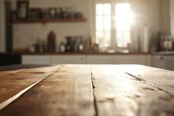 Rustic wooden table in sunlit kitchen.
