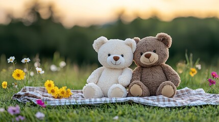 Two teddy bears sitting closely on a picnic blanket, sharing a warm embrace while surrounded by a field of blooming wildflowers