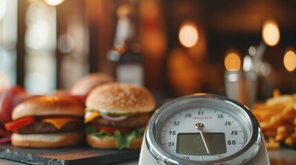Close-up of scale displaying high weight number surrounded by unhealthy food items, symbolizing rising obesity rates and health awareness.	