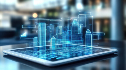 Digital tablet with blueprints and holographic projection in modern architectural design