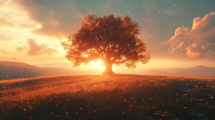 Sunset Landscape: Majestic Tree in Golden Field