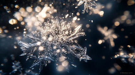 Close-up of sparkling frost crystals magnified on a dark window surface